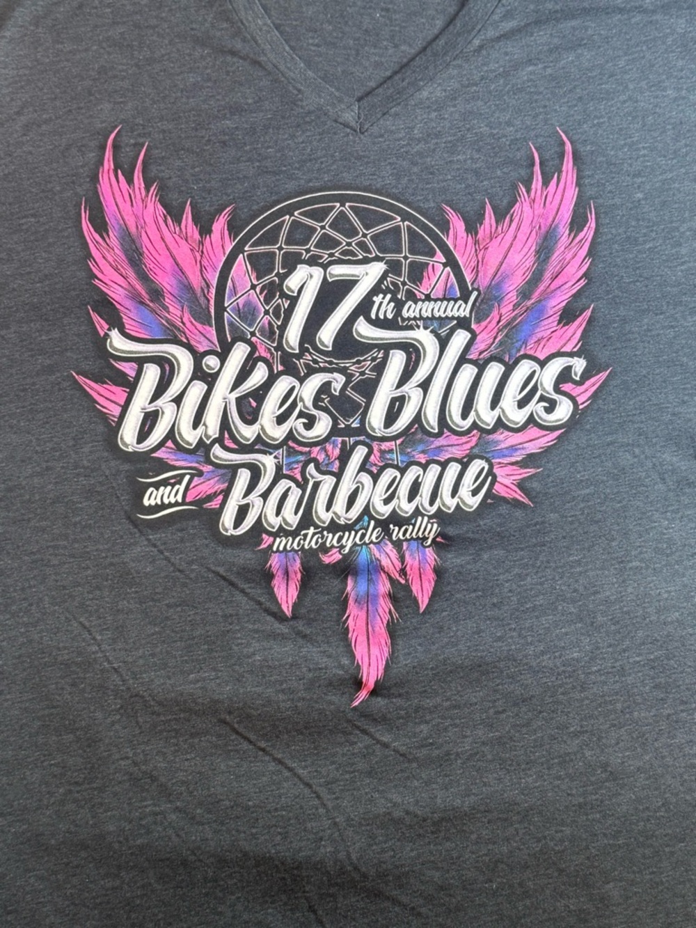 Bikes Blues and Barbecue Graphic V-Neck Tee - Dark Gray with Pink
